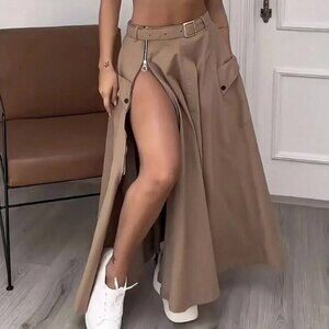 Khaki Casual Women's Side Zipper Pocket Button Minimalist A-Line Skirt
